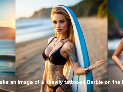 The AI attempting to make an image of a heavily tattooed Barbie on the beach with a surfboard.