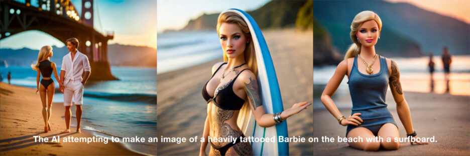 The AI attempting to make an image of a heavily tattooed Barbie on the beach with a surfboard.